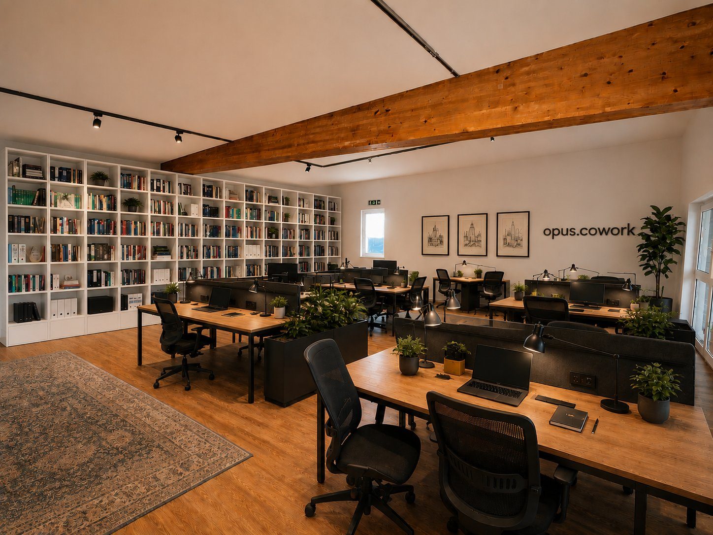Großraumbüro des Coworking Space Opus Cowork in Osthofen mit Arbeitsplätzen, Monitoren, Bücherwand und Holzbalken