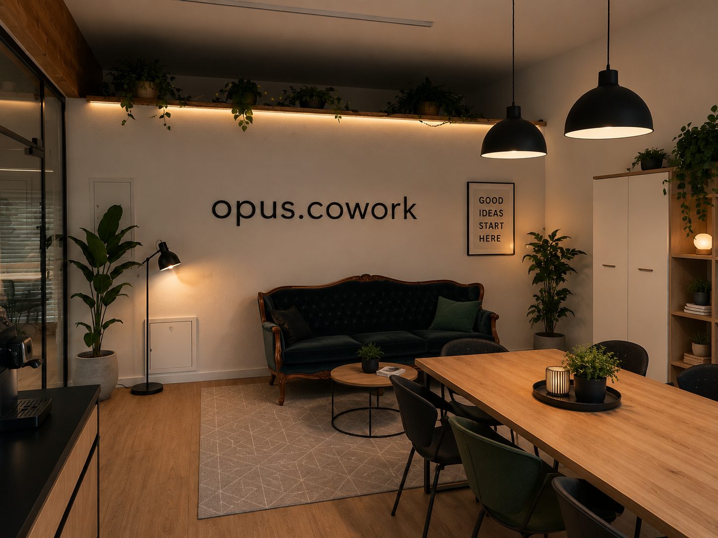 Lounge-Bereich mit Sofa, Esstisch und Küchenzeile im Coworking Space Opus Cowork